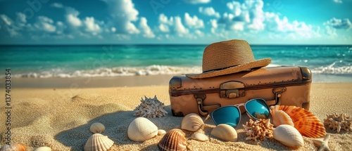 Relaxing Beach Setting With Sunglasses and Straw Hat on Soft Sand Near Gentle...