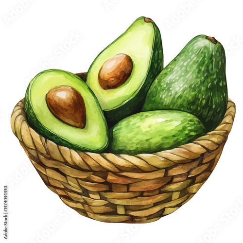 A watercolor vector of an avocado basket, isolated on a white background. Avocado basket vector.

