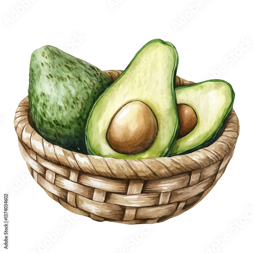 A watercolor vector of an avocado basket, isolated on a white background. Avocado basket vector.

