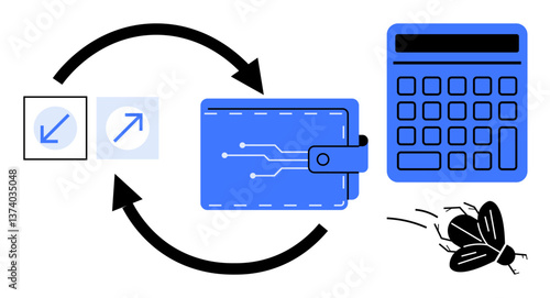 Digital wallet, calculation device, scaling arrows connected with circular arrows, and bug. Ideal for finance, tech, software debugging, calculations, budget optimization transactions flat simple