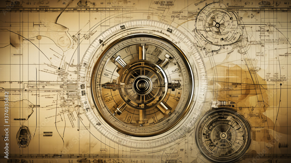 Naklejka premium Cover image showcasing precision with strong clock and direction elements on a golden scientific architectural background.