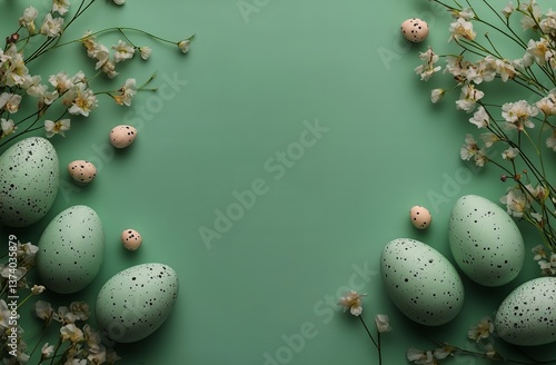 Colorful Easter Eggs Surrounded by Flowers on a Mint Green Background for Spr...