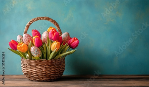 Bright Tulips and Colorful Eggs Arranged on Rustic Wooden Table for Spring Ce...