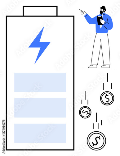 Large battery with energy bolt, coins falling symbolizing cost, professional pointing. Ideal for sustainability, energy, economy, efficiency, cost reduction presentation financial planning. Flat