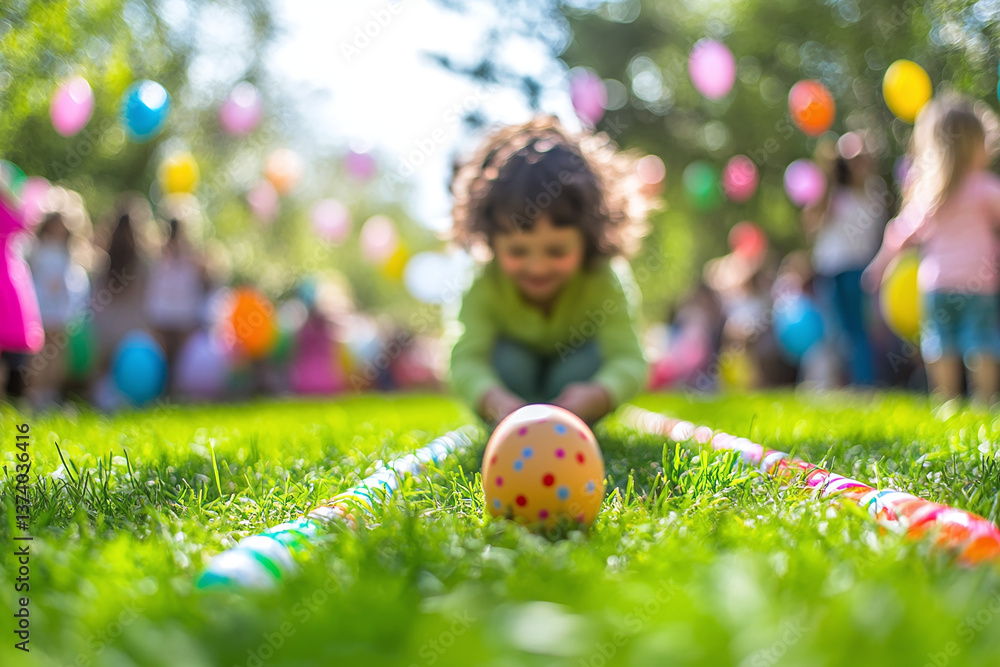 Fototapeta premium Easter egg rolling with child focused in grassy lane, vibrant decorations and supportive crowd enhance fun spring celebration