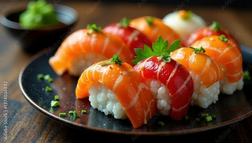 Colorful sushi platter, wasabi, ginger, soy sauce , vibrant, tuna, soy Colorful sushi platter, wasabi, ginger, soy sauce , vibrant, tuna, soy