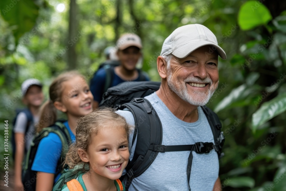 Fototapeta premium A happy grandfather leads his grandchildren on a lush jungle hike, embodying exploration, adventure, and the joy of outdoor experiences shared with loved ones.