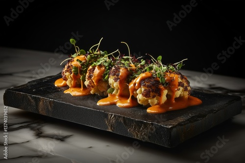 Roasted cauliflower bites with hot sauce and microgreens on a black slate board