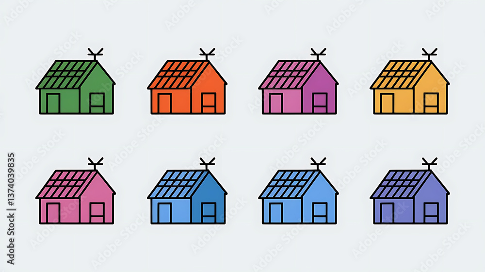 Fototapeta premium Cute colorful solar-powered houses Simple flat vector icons