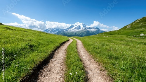 A captivating trail meanders through flourishing green fields with majestic snowy peaks in the backdrop, representing adventure and the beauty of the great outdoors.