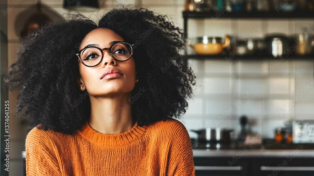 Woman enjoying a moment of tranquility in a cozy kitchen wearing glasses and an orange sweater Woman enjoying a moment of tranquility in a cozy kitchen wearing glasses and an orange sweater
