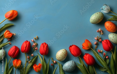 Brightly Colored Easter Eggs and Spring Flowers Arranged on a Blue Background...