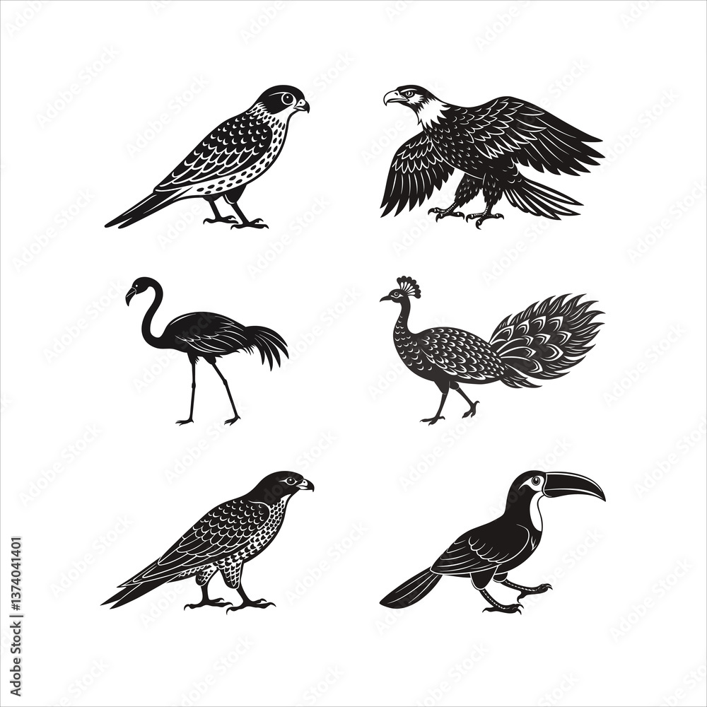 Fototapeta premium Bundle of American Kestrel, Bald Eagle, Flamingo, Peacock, Peregrine, Toucan Birds Silhouette Vector Illustration