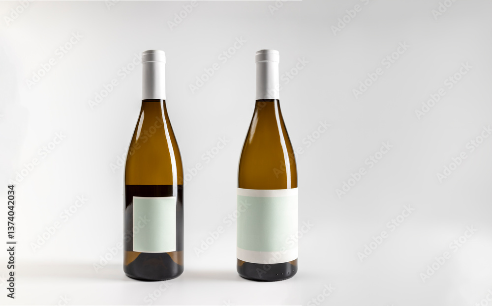 Mockup of white wine bottle chardonnay, front and back, on white background with copyspace, 750 ml, real photo Mockup of white wine bottle chardonnay, front and back, on white background with copyspace, 750 ml, real photo