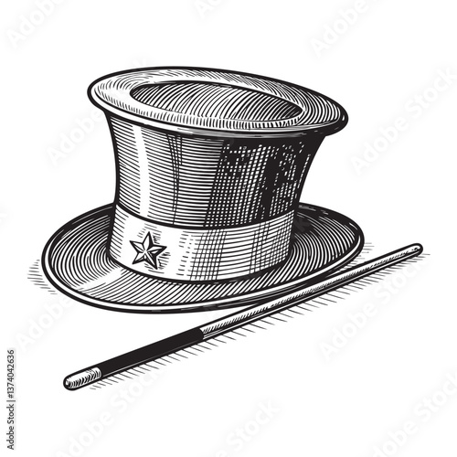 magician's hat woodcut engraving vector illustration