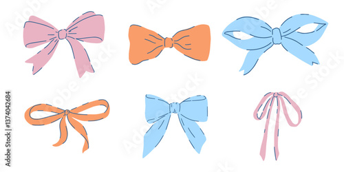 Colorful bow vector clipart collection with orange, pink, and blue ribbons for gifts, celebrations, and decorations.