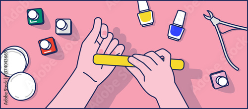 Nail care, hands using a nail file. Close-up illustration.