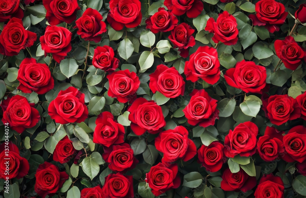 Vibrant Red Roses Arranged Densely Against a Lush Green Backdrop in a Floral Display Vibrant Red Roses Arranged Densely Against a Lush Green Backdrop in a Floral Display