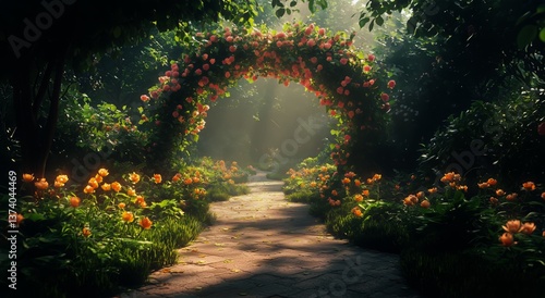Beautiful Flowering Archway in a Serene Garden Pathway at Dawn