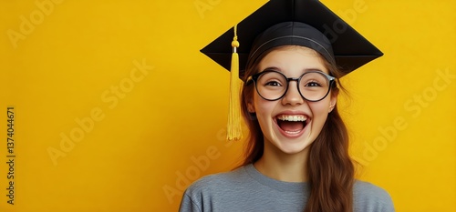 Young Graduate Smiling With Graduation Cap Against Bright Yellow Background
