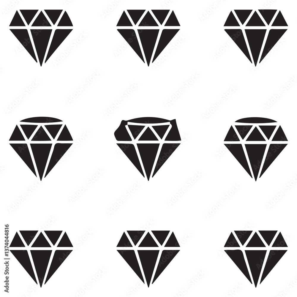 Diamond Icon set Silhouette Vector Black. with white background Diamond Icon set Silhouette Vector Black. with white background