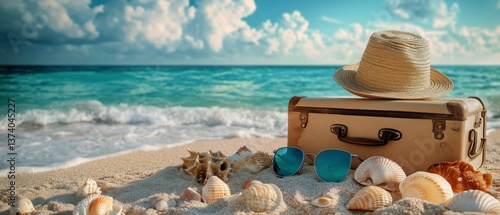 Relaxing Beach Setting With Sunglasses and Straw Hat on Soft Sand Near Gentle...
