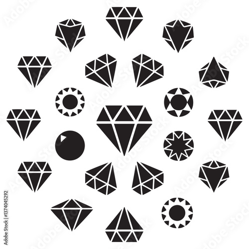 Diamond Icon set Silhouette Vector Black. with white background