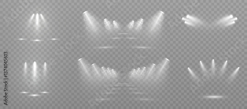 Set of realistic white spotlights with soft beams and glow effects on transparent background. Vector for stage lighting, product illumination or presentation design.