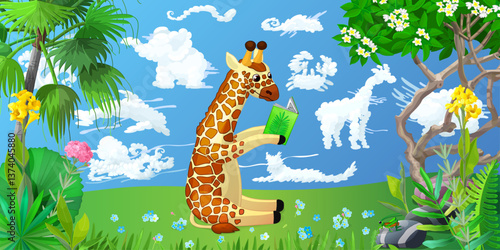 vector funny giraffe reading book in forest illustration.  Hand drown Baby graphics concept.