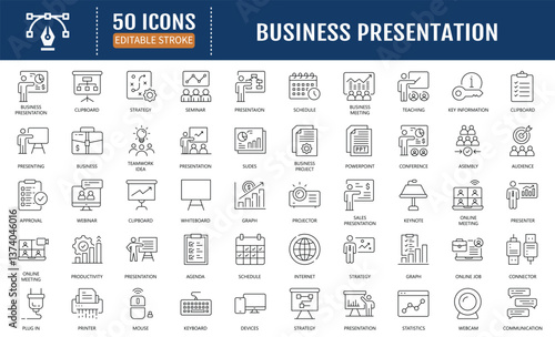 Business presentation line editable  icon set. Containing seminar, sales presentation, keynote, meeting, whiteboard, conference and more. Vector Illustration