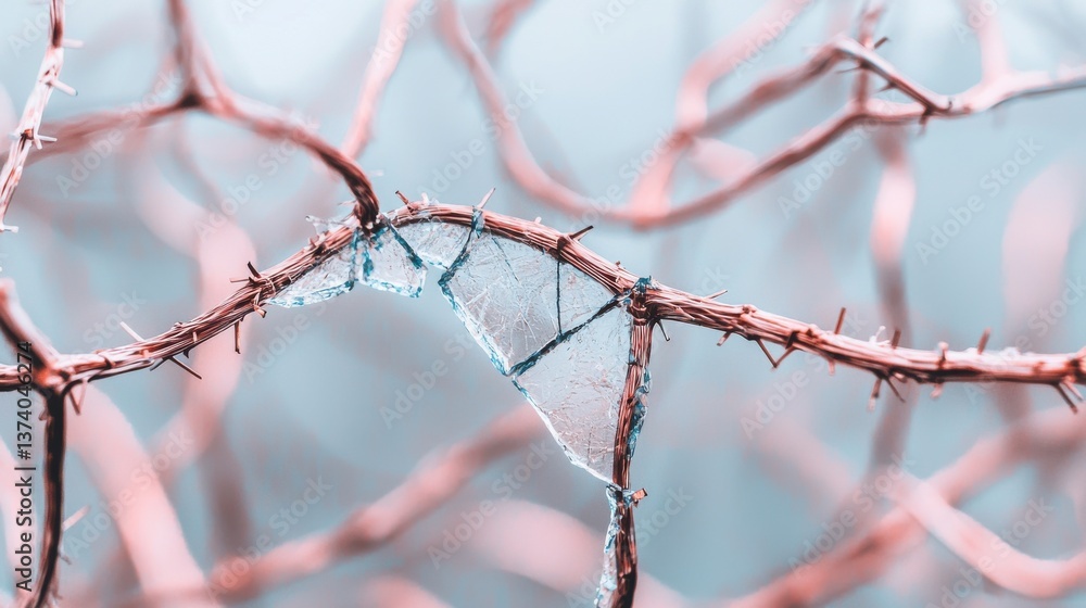 Delicate Broken Spiderweb on Thorny Branches Pastel Pink Blue Tones Delicate Broken Spiderweb on Thorny Branches Pastel Pink Blue Tones