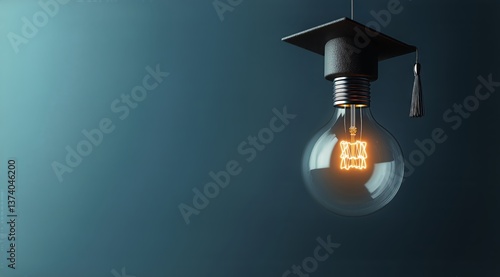 Graduation Cap Hanging Above an Illuminated Light Bulb With a Warm Glow
