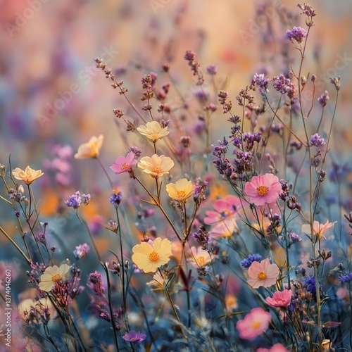 Colorful Wildflowers Blooming in a Serene Meadow During Early Spring Sunlight