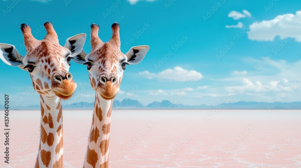 Naklejka premium Two charming giraffes appear to smile at the camera in a stunning desert landscape, showcasing their unique features and playful nature amid captivating scenery.