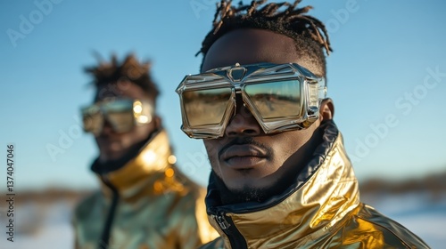 Two stylish individuals wearing reflective golden sunglasses stand confidently outdoors, exemplifying modern fashion trends and an aura of coolness in their pose.