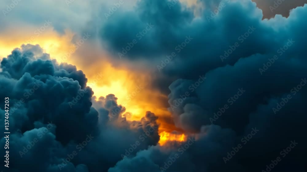 Dark storm clouds gathering with bright golden light peeking through at sunset Dark storm clouds gathering with bright golden light peeking through at sunset
