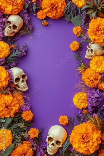 Colorful Skulls and Marigold Flowers Create a Vibrant Decoration for a Cultur...