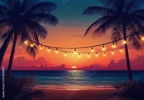 Vibrant Sunset Over Calm Waters With Palm Trees and String Lights Illuminatin...