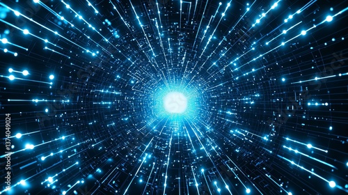 Design projects often incorporate a blue futuristic hexagon glow background, which is achieved through render technology