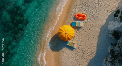 Colorful Beach Chairs and Umbrella Near Clear Water on Sunny Day