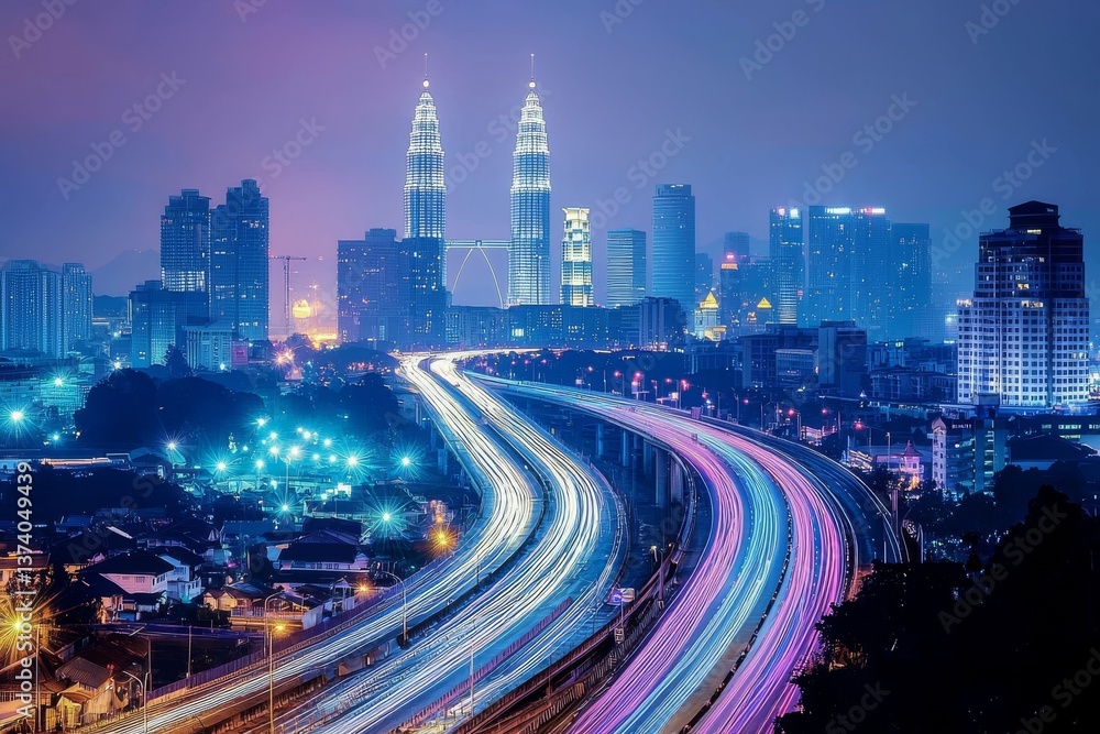Image of a city at nighttime with glowing neon trails from moving vehicles, bright digital patterns, and big futuristic buildings in the background, exemplifying professional photography techniques Image of a city at nighttime with glowing neon trails from moving vehicles, bright digital patterns, and big futuristic buildings in the background, exemplifying professional photography techniques