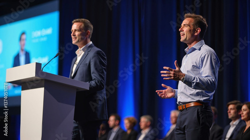 Two Men Speaking at a Conference, One at a Podium, Gesturing to Audience. Pitching to an audience.
