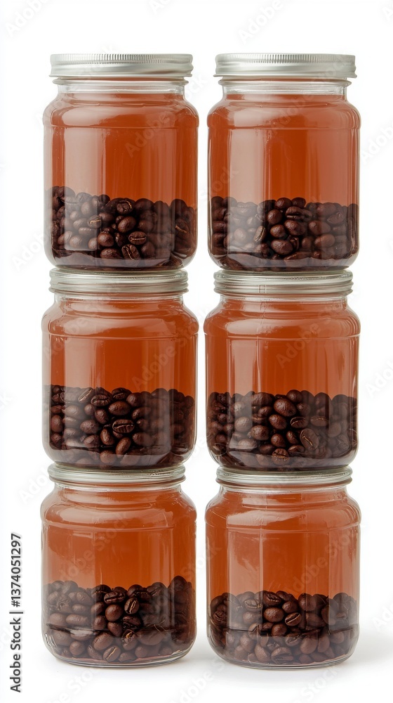 Six Glass Jars Filled with Coffee Beans and Brown Liquid Stacked on White Background Six Glass Jars Filled with Coffee Beans and Brown Liquid Stacked on White Background