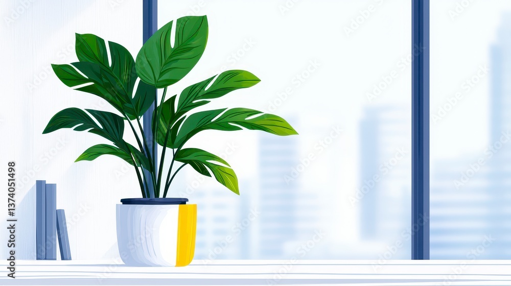 Green Potted Plant on Windowsill with City View Green Potted Plant on Windowsill with City View