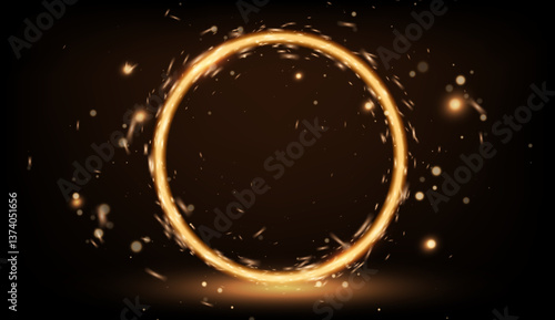 A luminous golden circle with radiant light trails and a glowing fire effect on a transparent background, adding elegance and style to any graphic or visual project.