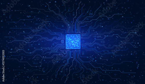Technology background featuring a circuit board design, highlighting central computer processors CPU and digital motherboard chips, representing cutting-edge computing concepts.