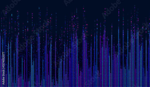 Digital equalizer design featuring a pixel grid for sound visualization. A vibrant and colorful pixel mosaic creates a dynamic, modern aesthetic for a cutting-edge tech vector illustration.