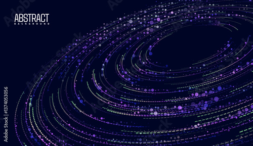 Visualization of big data with circular particles forming vortex trails. Futuristic design for science or finance infographics. Complex visual background with flowing abstract data