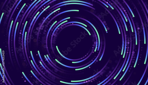 Spiral technological background with circular lines and dot networks. Abstract glowing particle circle symbolizing data flow. Big data transmission concept and internet connectivity visual.