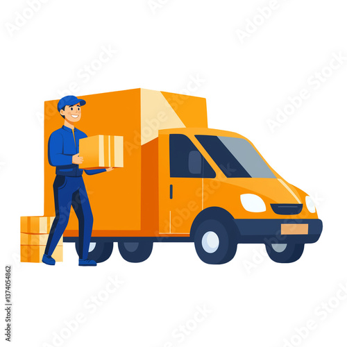 A delivery boy wearing a cap and green colour t shirt carrying a box vector illustrations isolated on transparent white background, png.